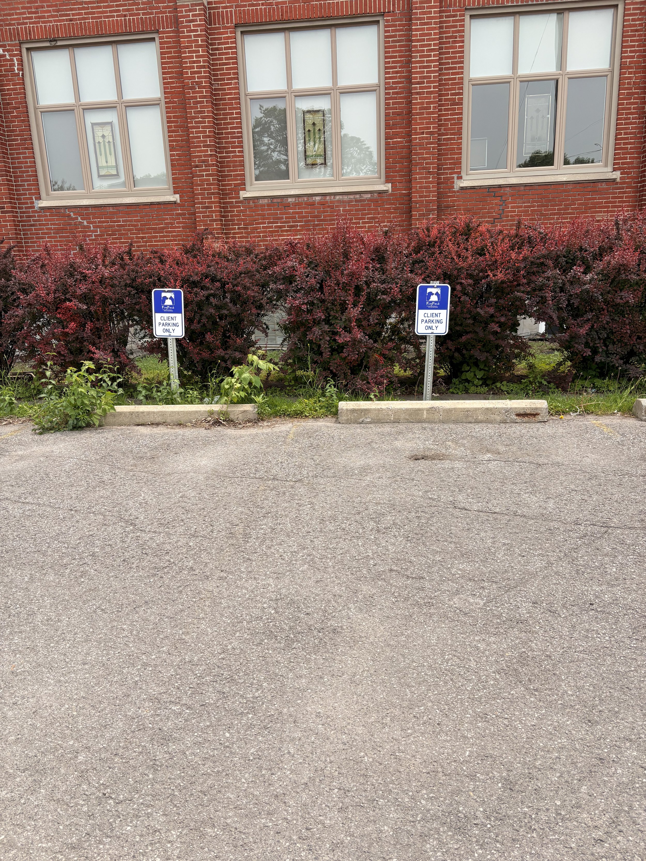 Two parking signs indicating 'Client Parking Only' in a parking lot in front of a brick building with windows and bushes.